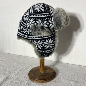 Winter Snowflake Patterned Knit Trapper Hat Aviator Hat W Ear Flaps